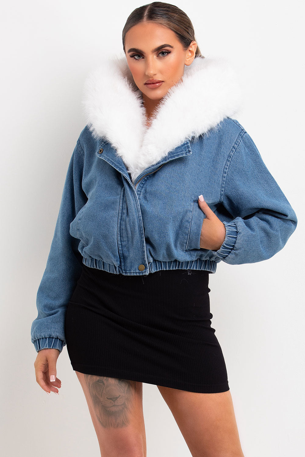 denim blue jacket with white fur styledup