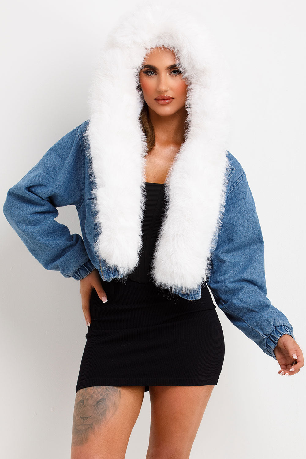 white fur hood denim bomber jacket for womens
