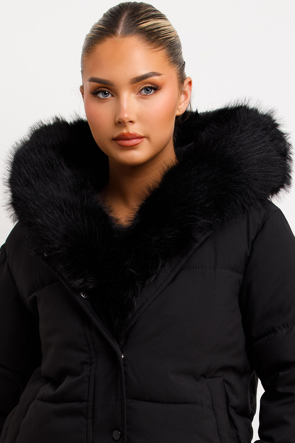 womens black padded bomber jacket with fur hood and trim