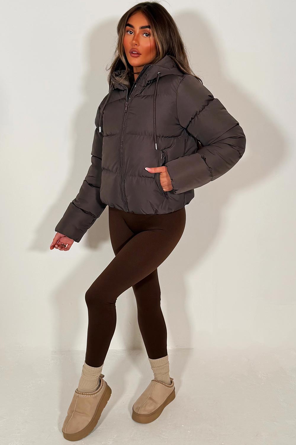 womens puffer jacket brown zara uk