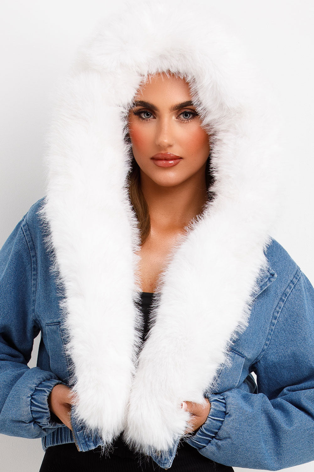 denim jacket with white fur hood and trim womens