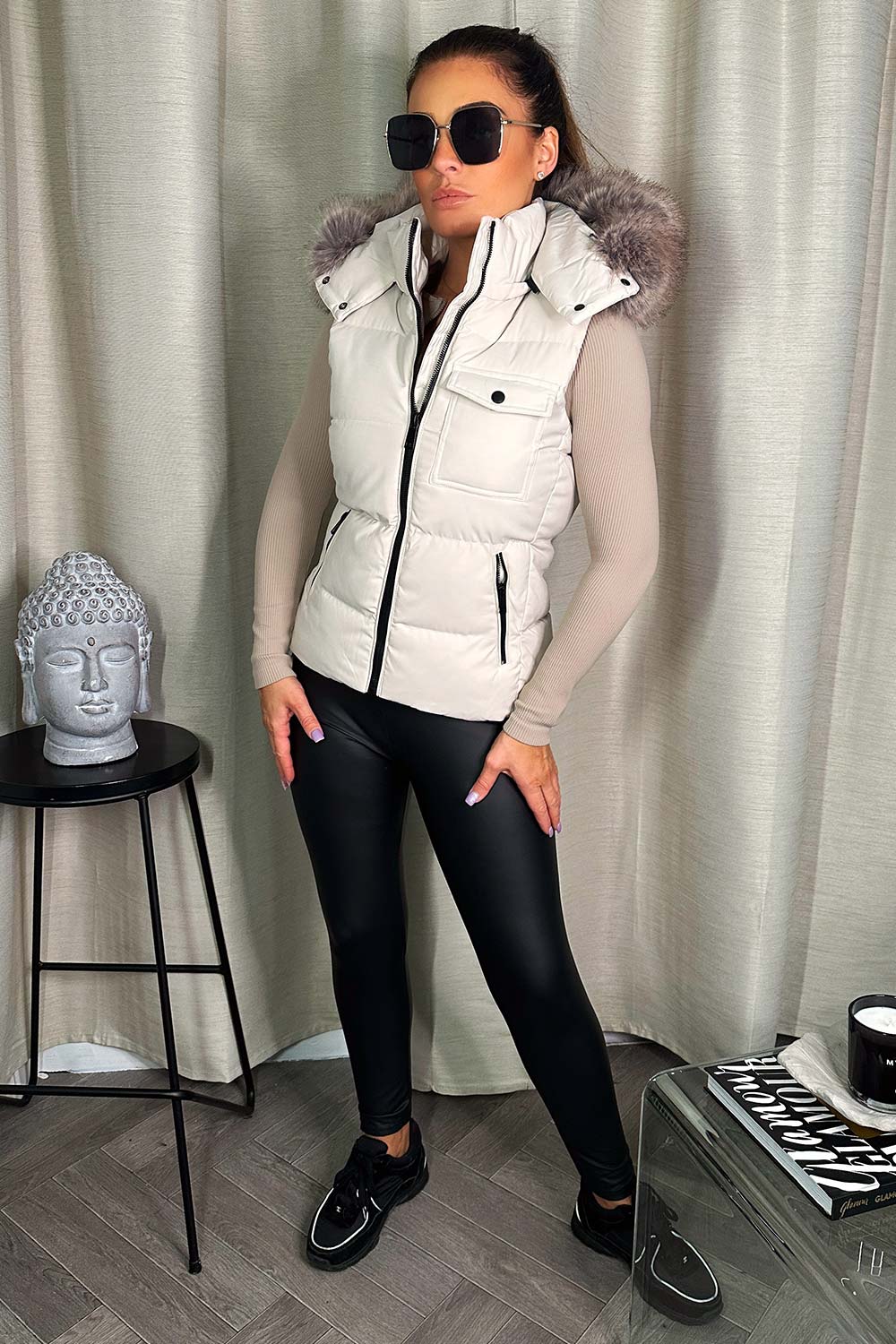 puffer padded gilet with fur hood womens bodywarmer