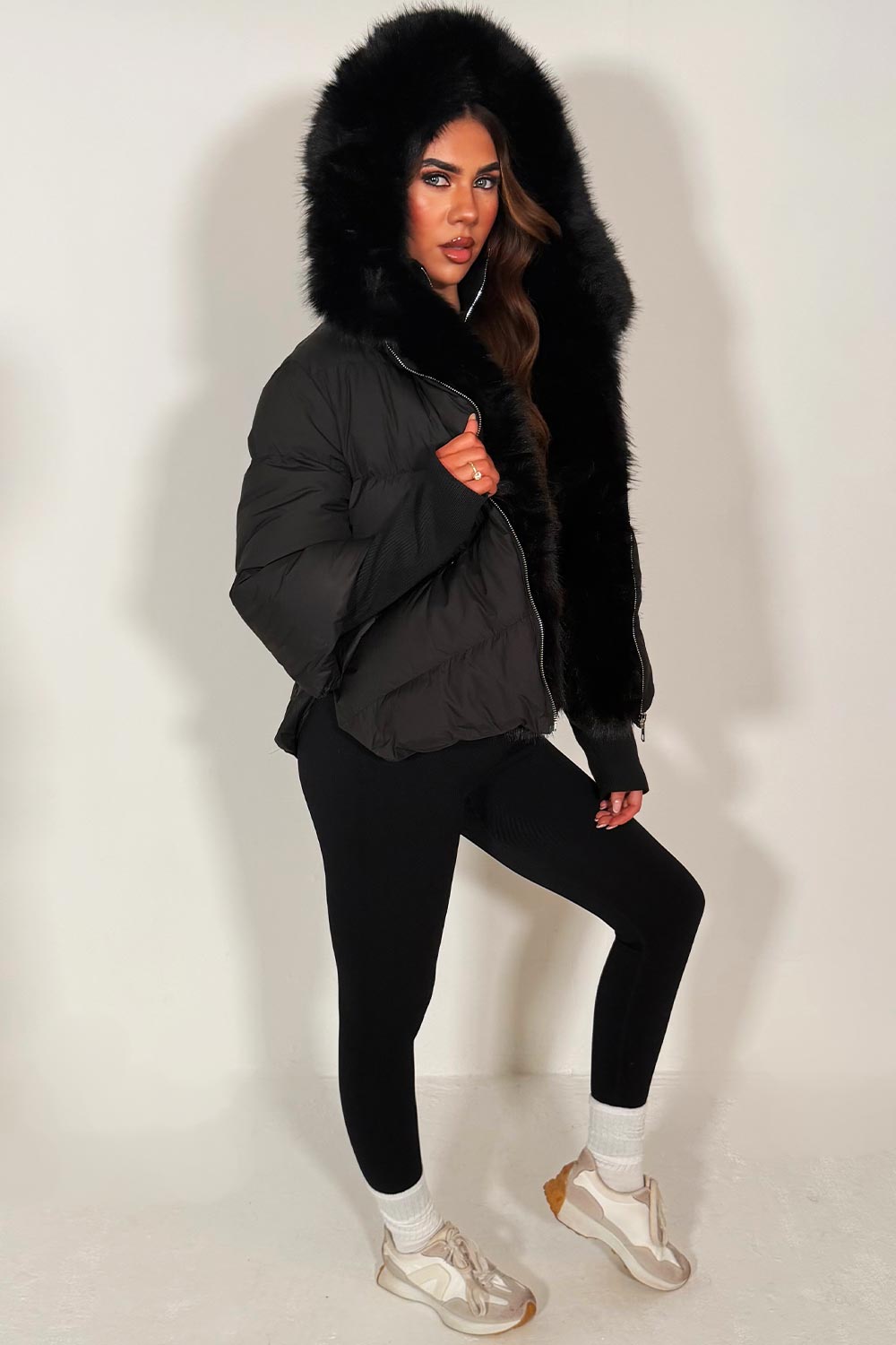 faux fur hood padded puffer winter jacket with fur trim on the front styledup
