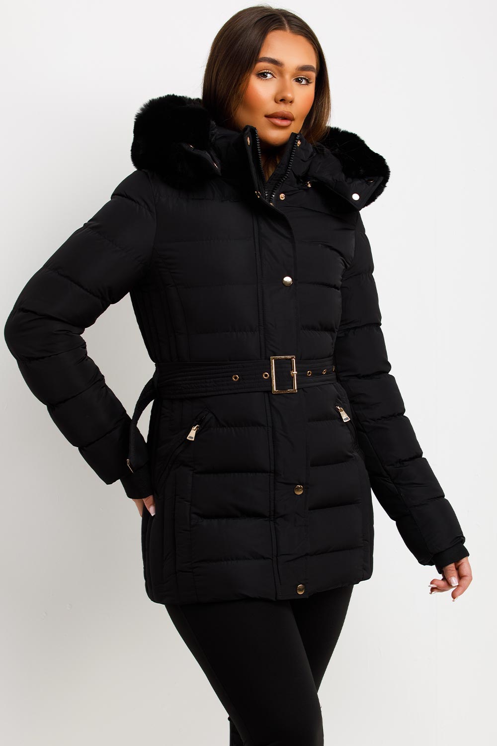 black winter coat with fur hod and belt