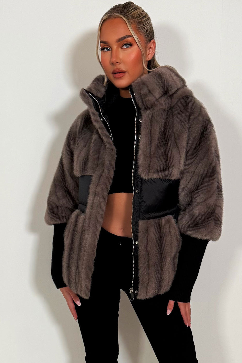 womens taupe faux fur jacket with long sleeve and hood