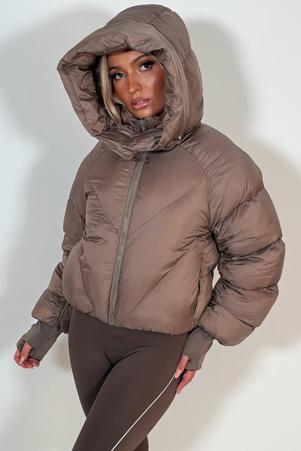 womens puffer padded puffer crop jacket with hood taupe styledup outerwear