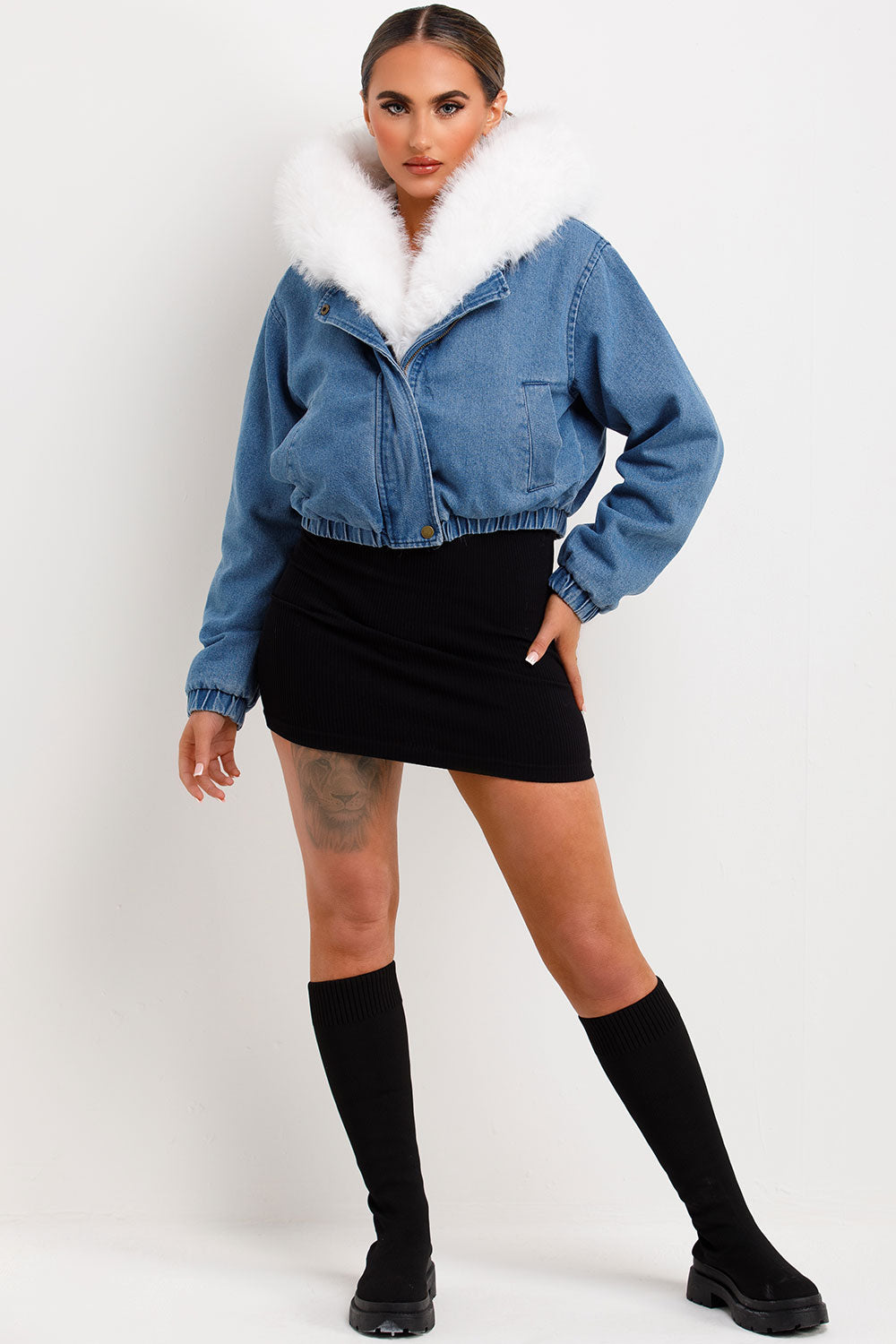 womens white fur hood and trim denim jacket styled up uk