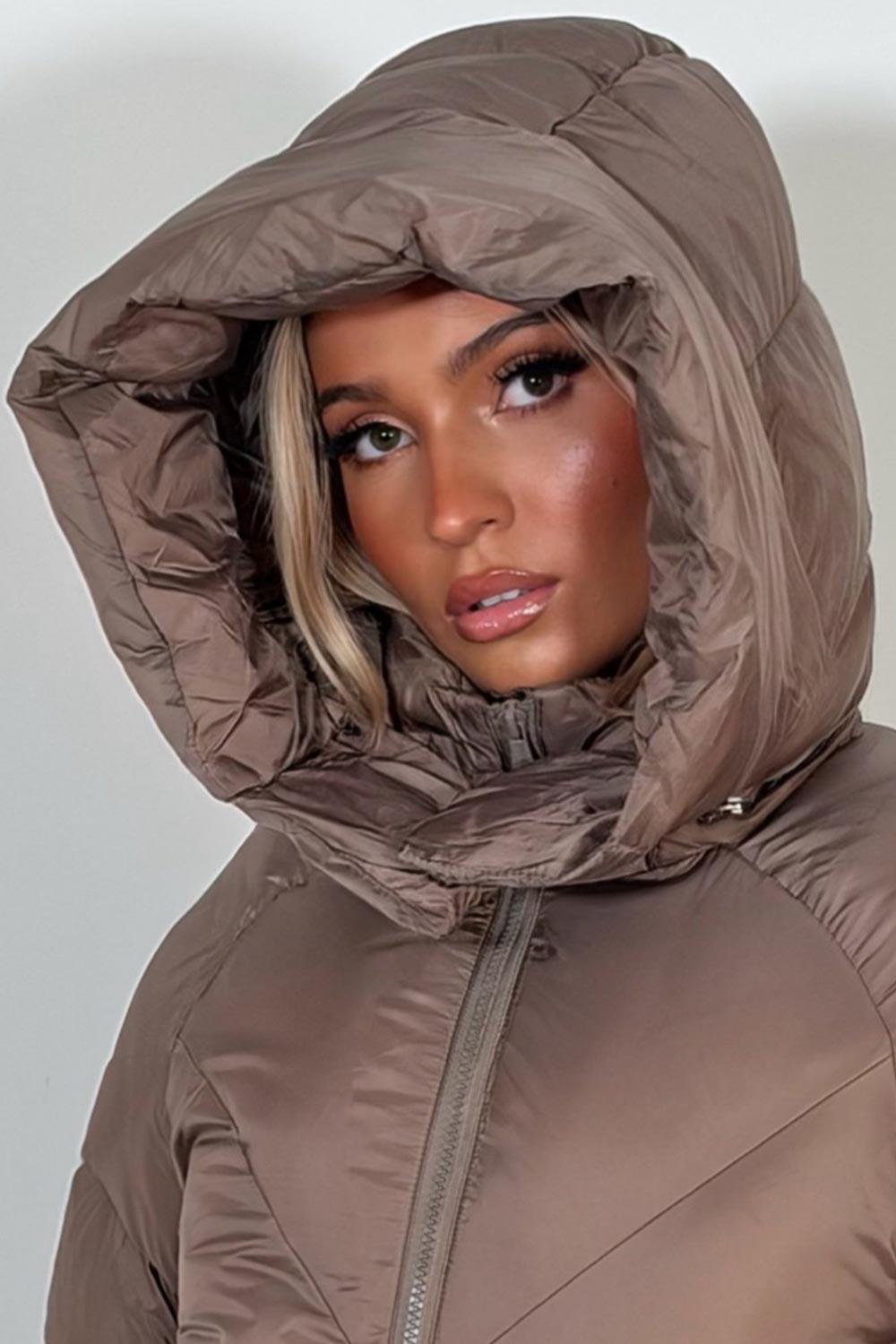 padded puffer crop jacket with hood taupe