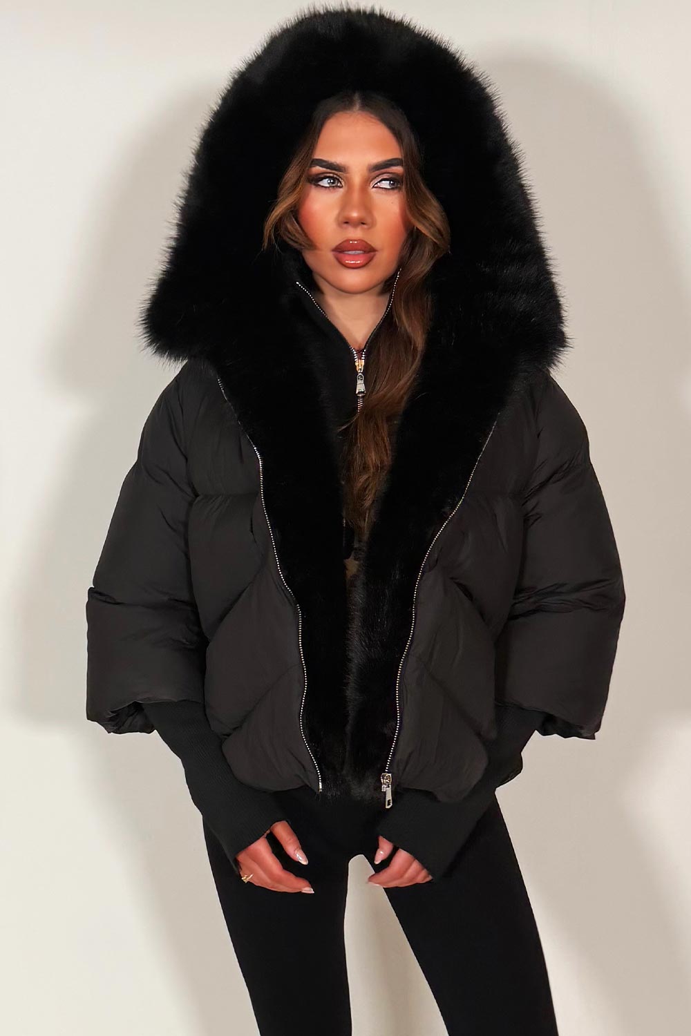 womens fur hood and trim puffer jacket black styledup