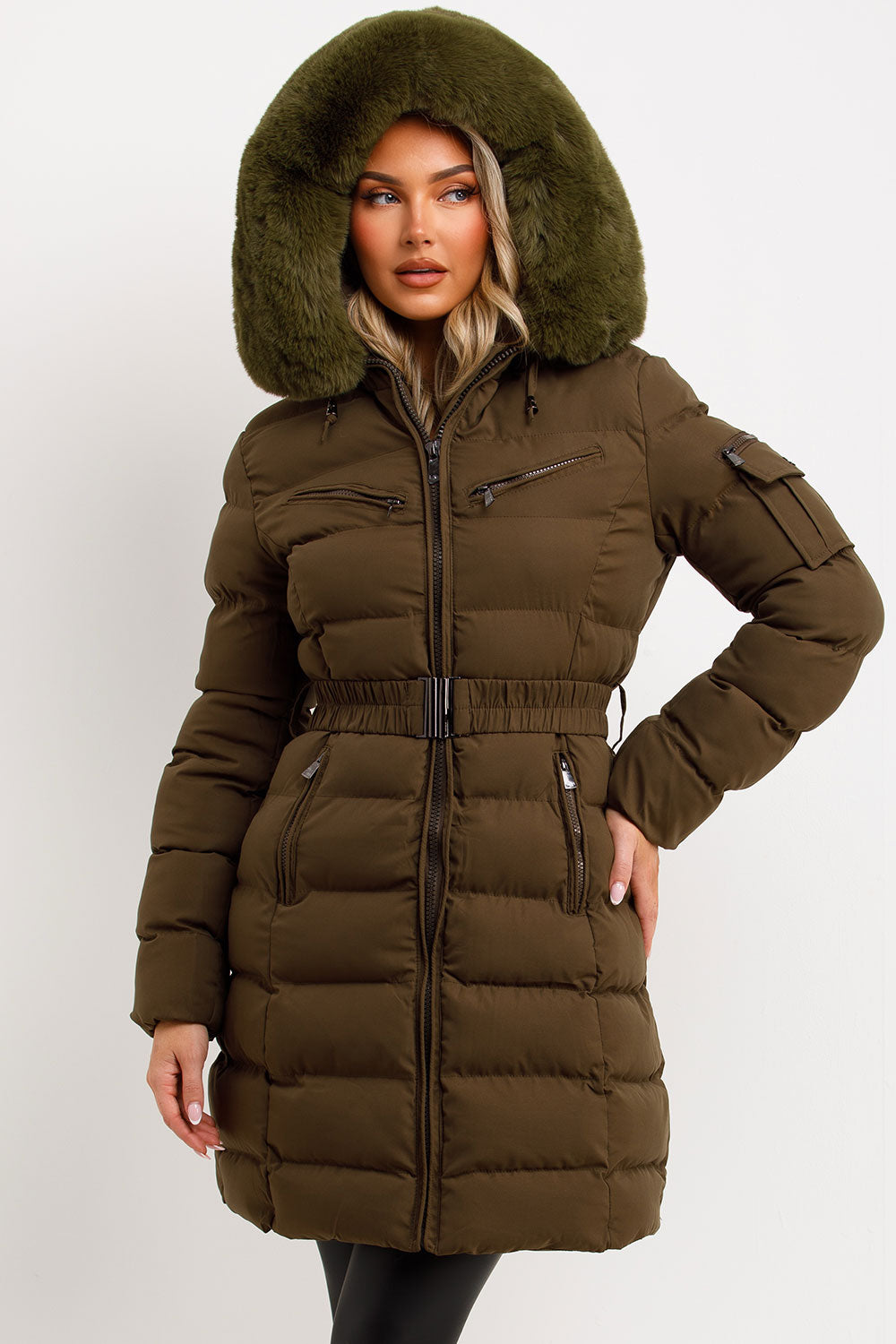 womens fur hood winter coat with belt styledup