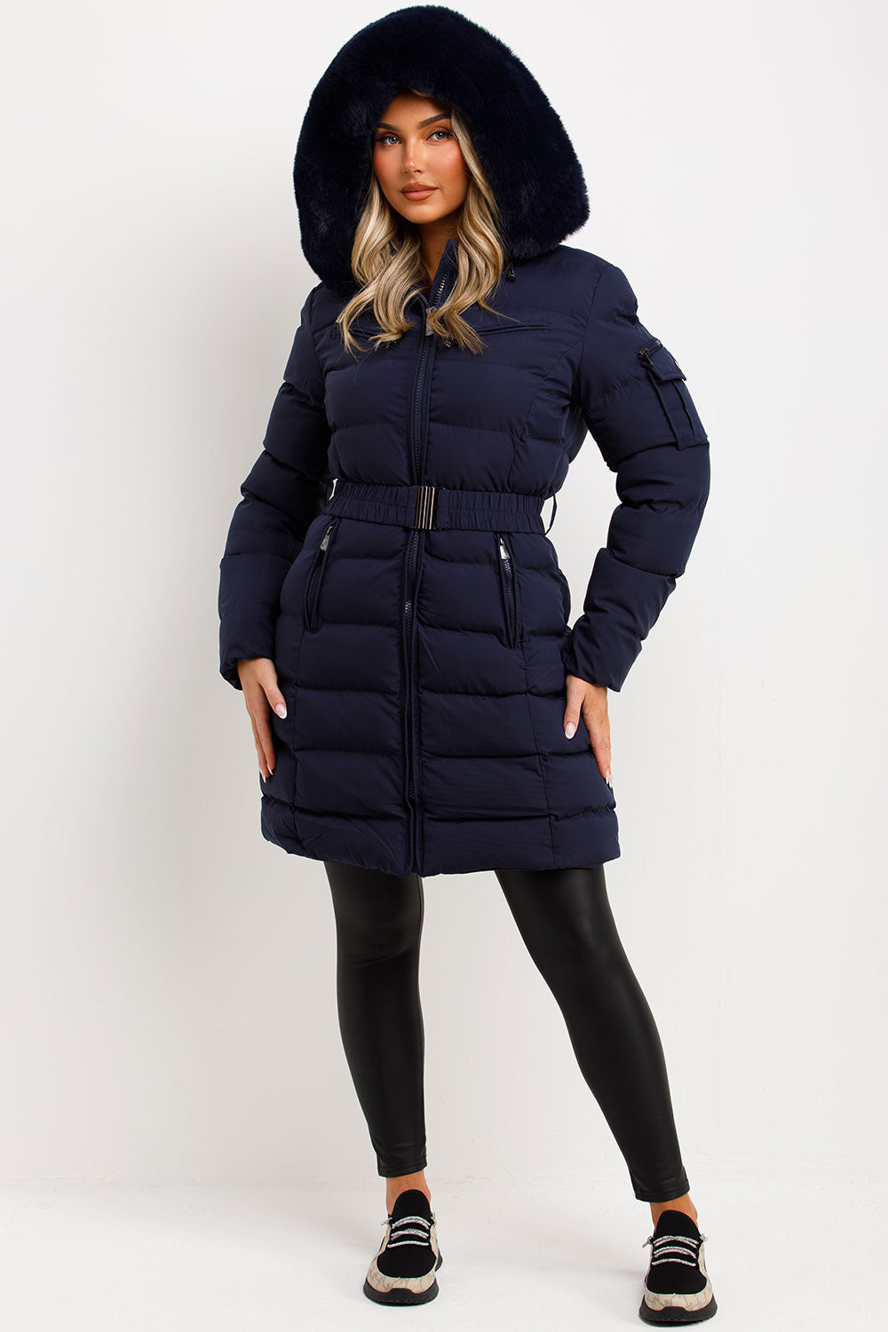 womens fur hood winter coat with belt styledup