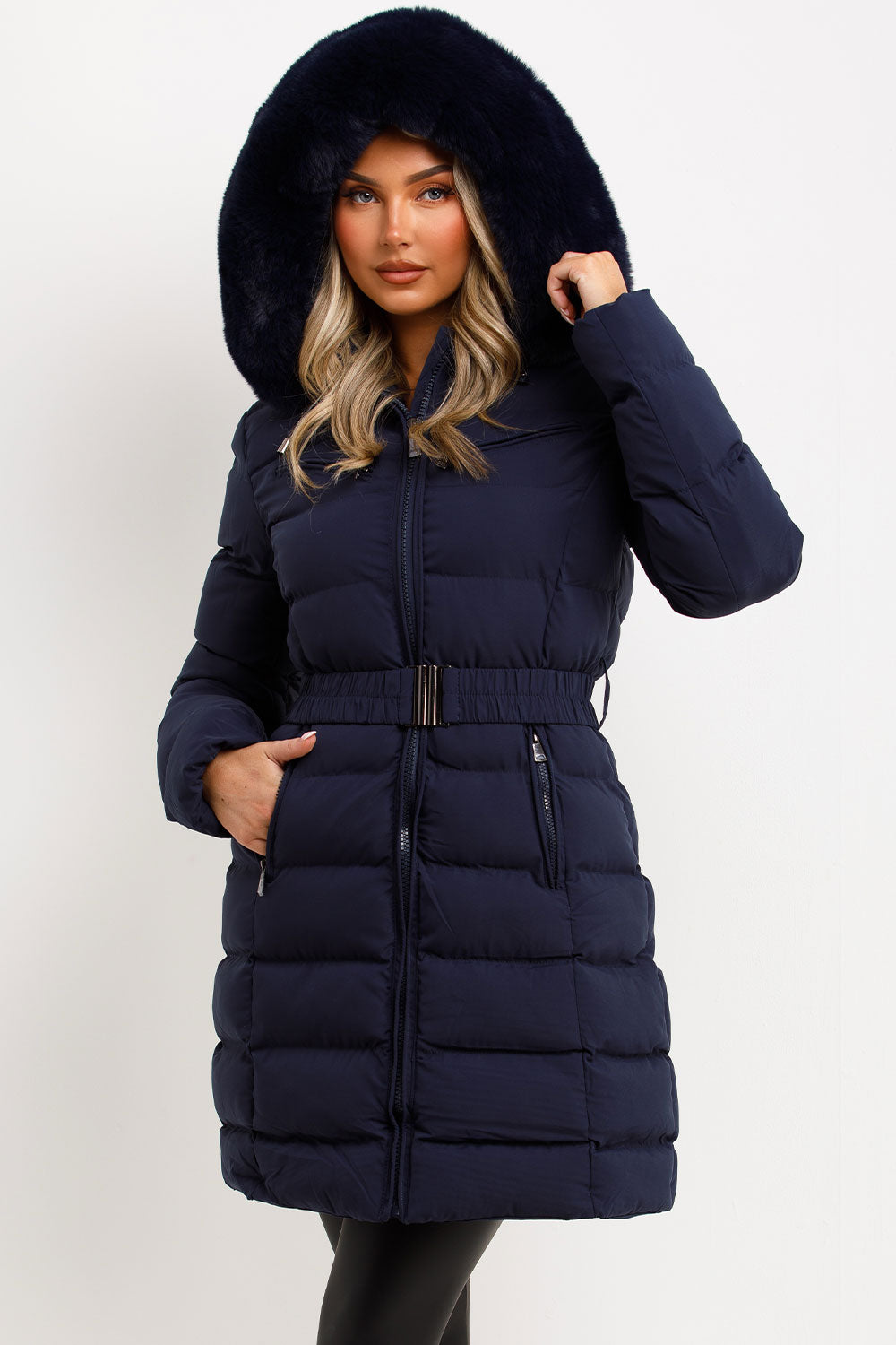 womens long coat with belt and faux fur hood