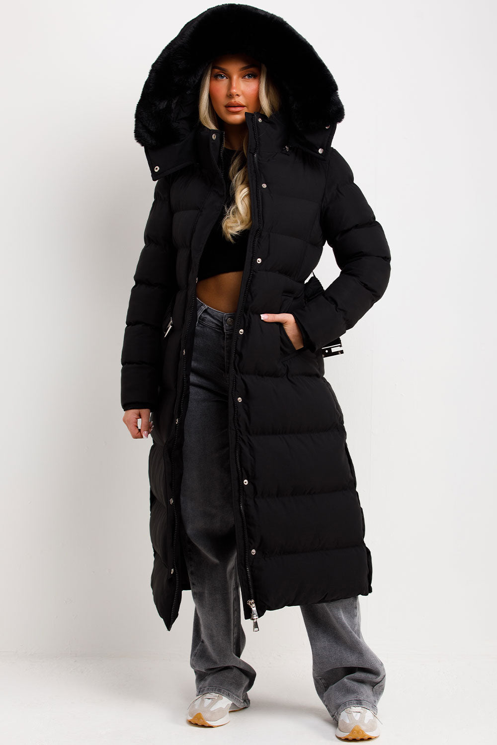 womens longline padded puffer coat with belt styledup