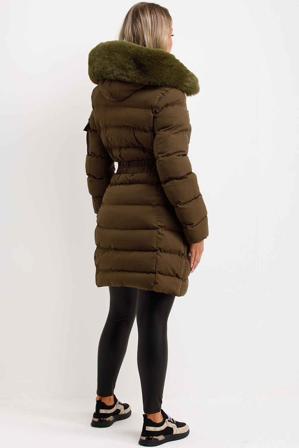 womens long puffer padded coat with faux fur hood and belt