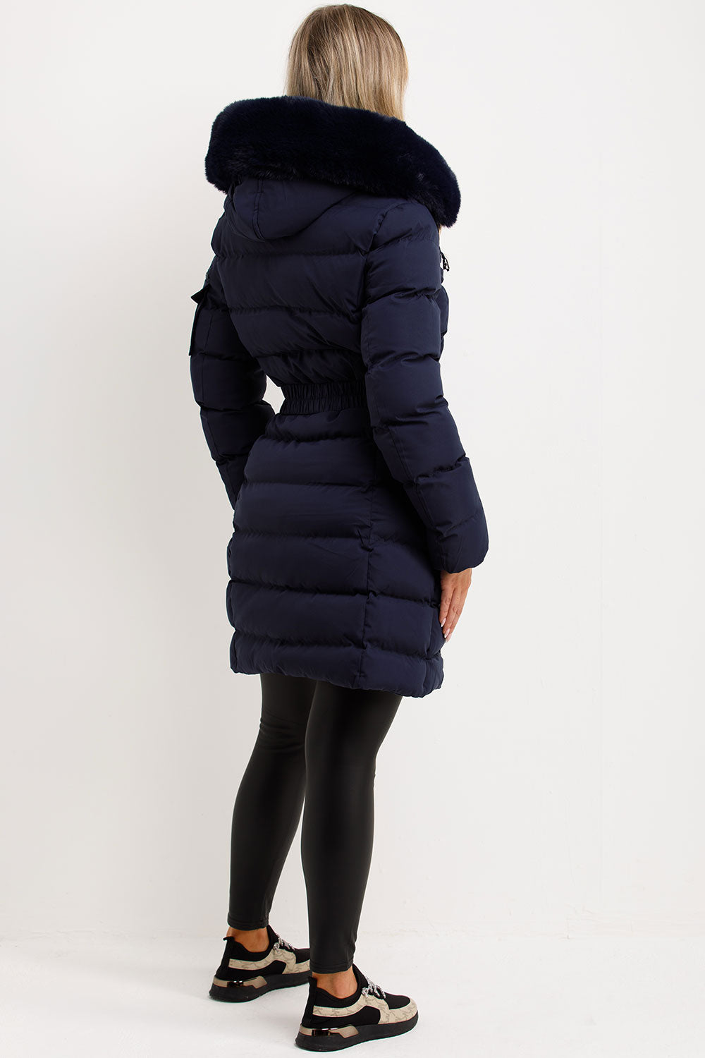womens long puffer padded coat with faux fur hood and belt