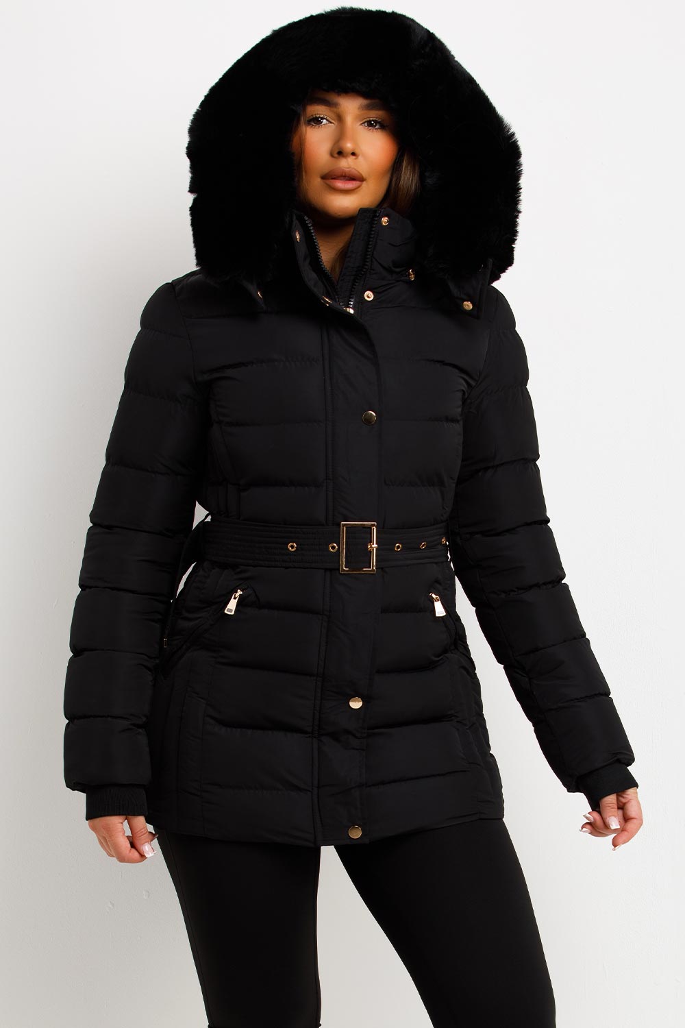 faux fur hood padded puffer coat with belt for womens