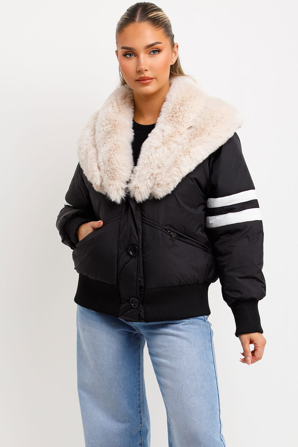 faux fur collar bomber aviator jacket with stripes on sleeves