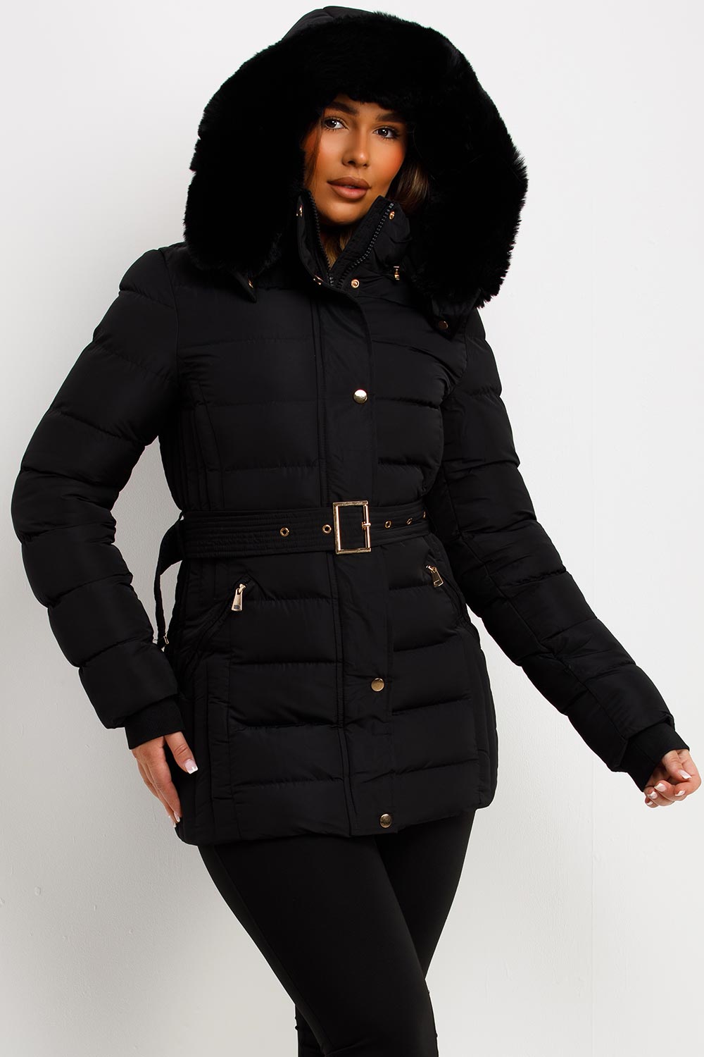 womens fur hood winter coat with belt black