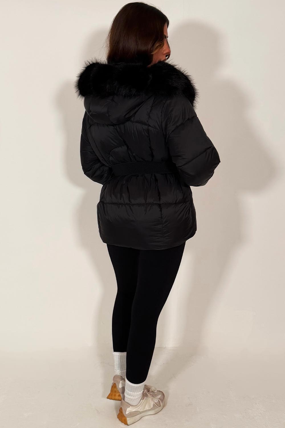 fur hood puffer jacket with belt for womens winter outerwear premium fur