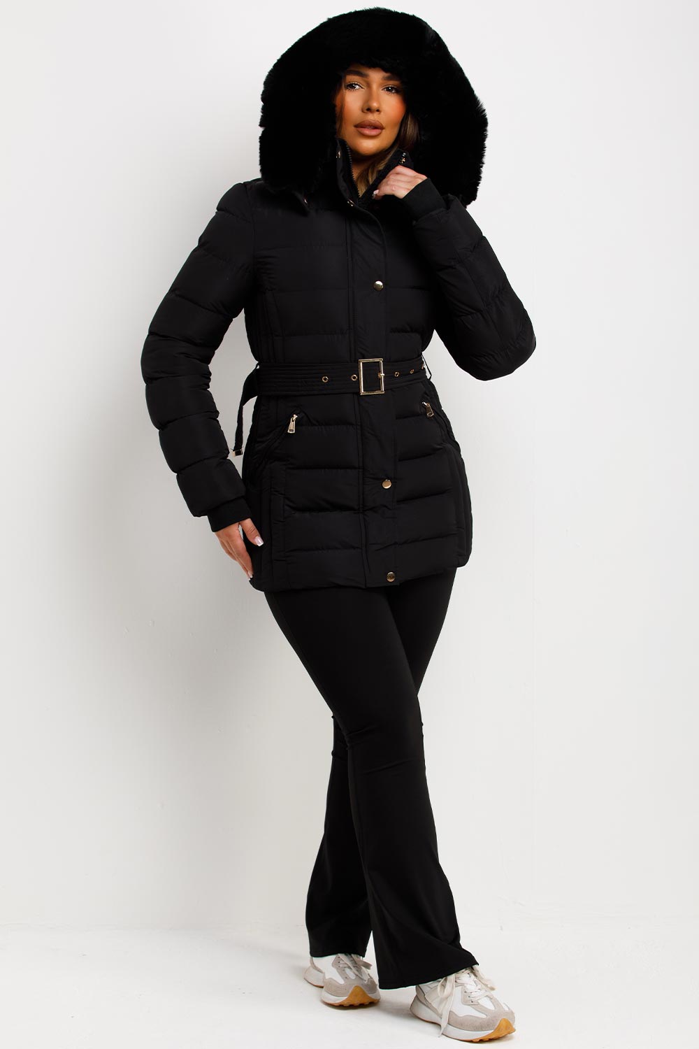 womens black padded puffer coat with waist belt styledup