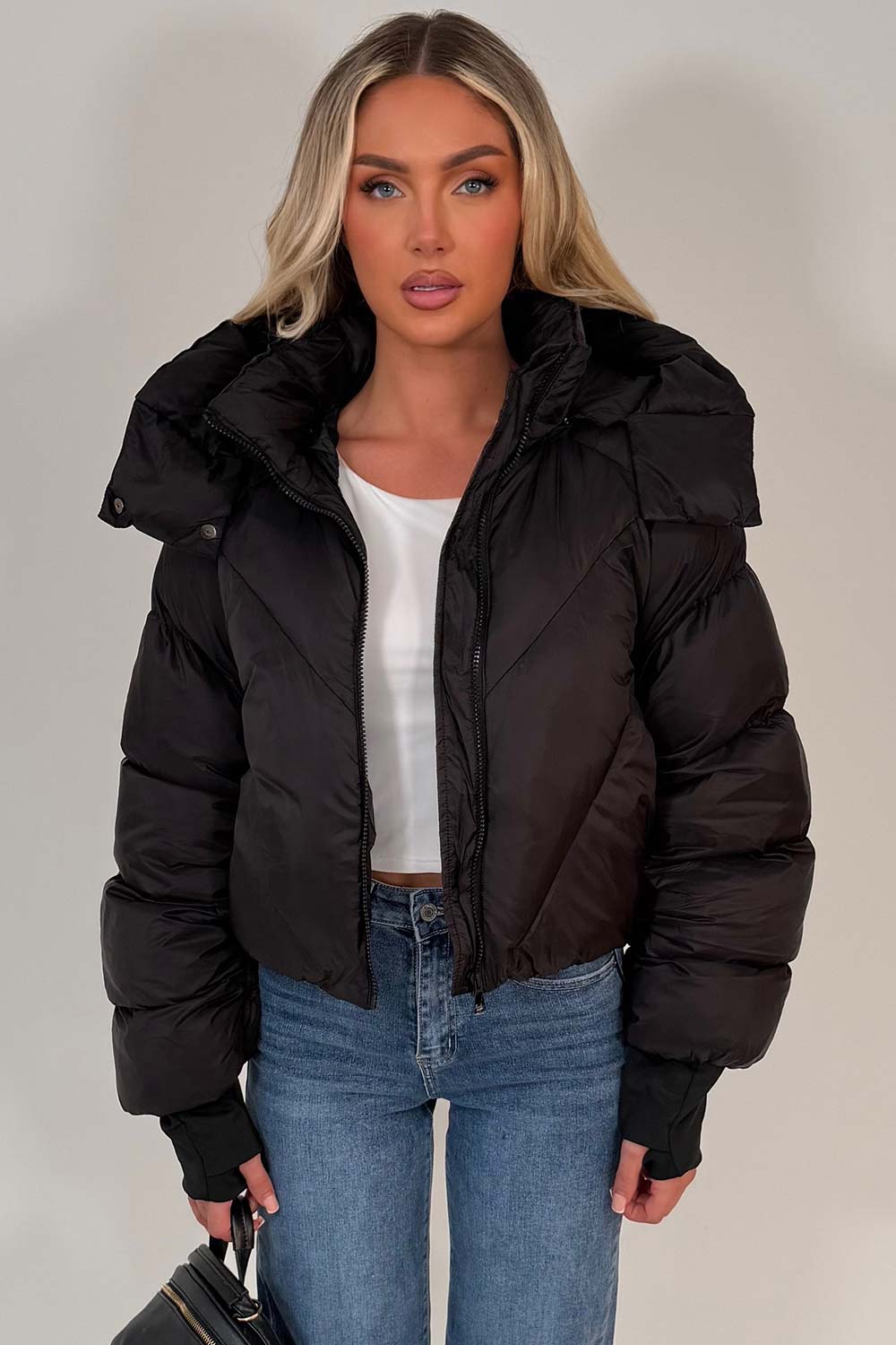 womens puffer padded quilted crop jacket black styledup