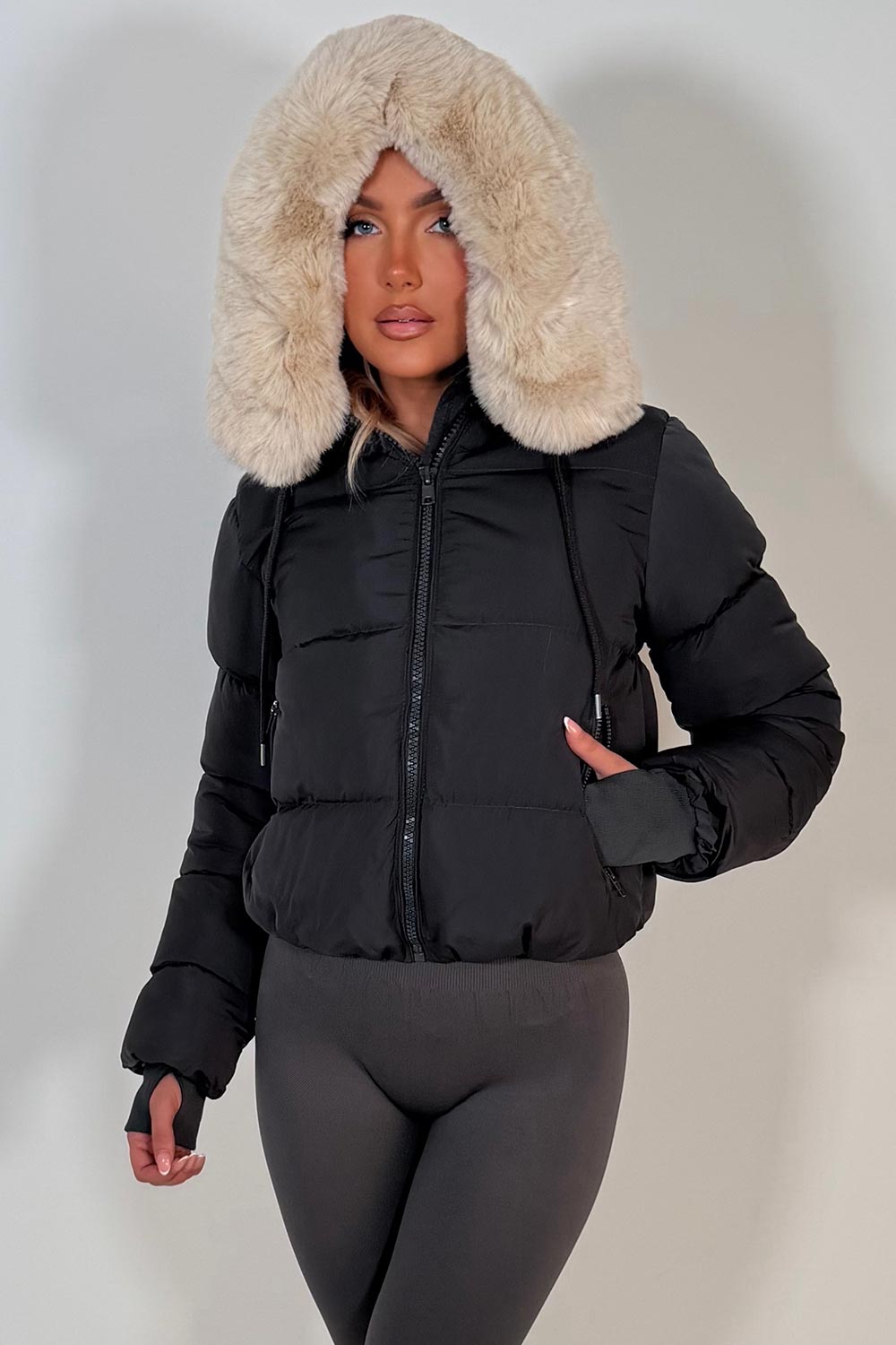 womens puffer jacket with faux fur hood winter outerwear charcoal grey styledup fashion