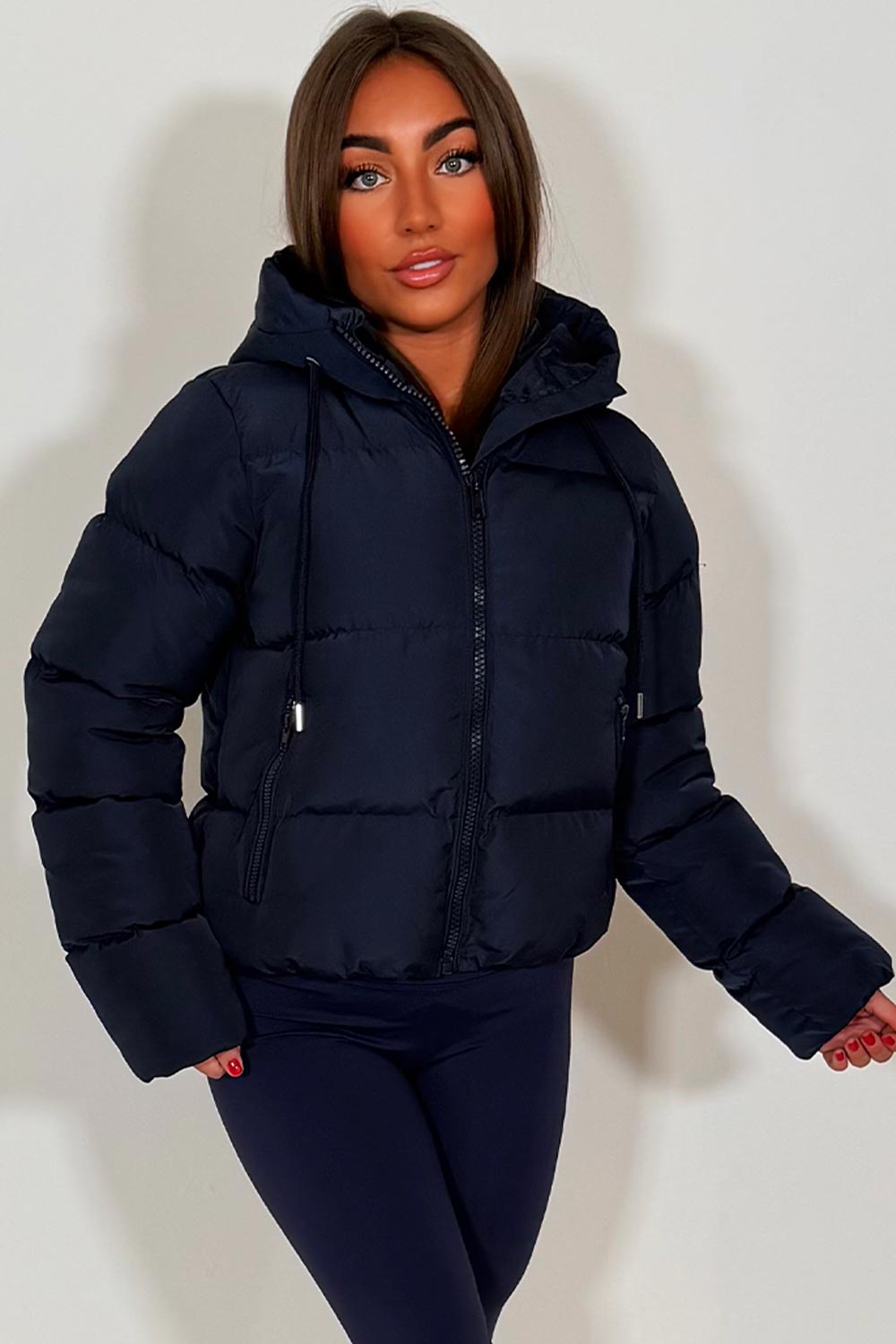 womens zara puffer jacket navy