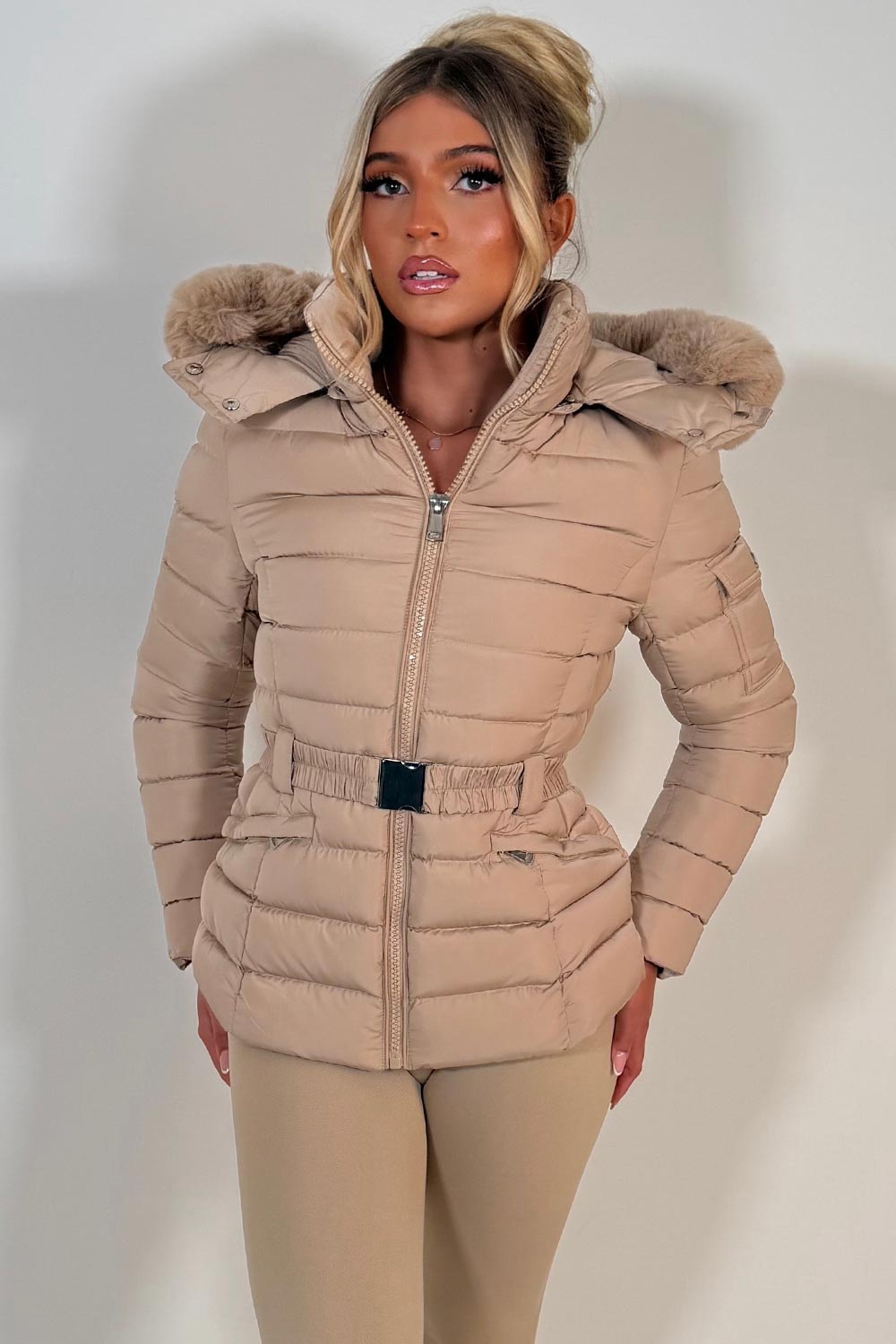 womens hooded padded puffer jacket for winter with faux fur hood styledup uk