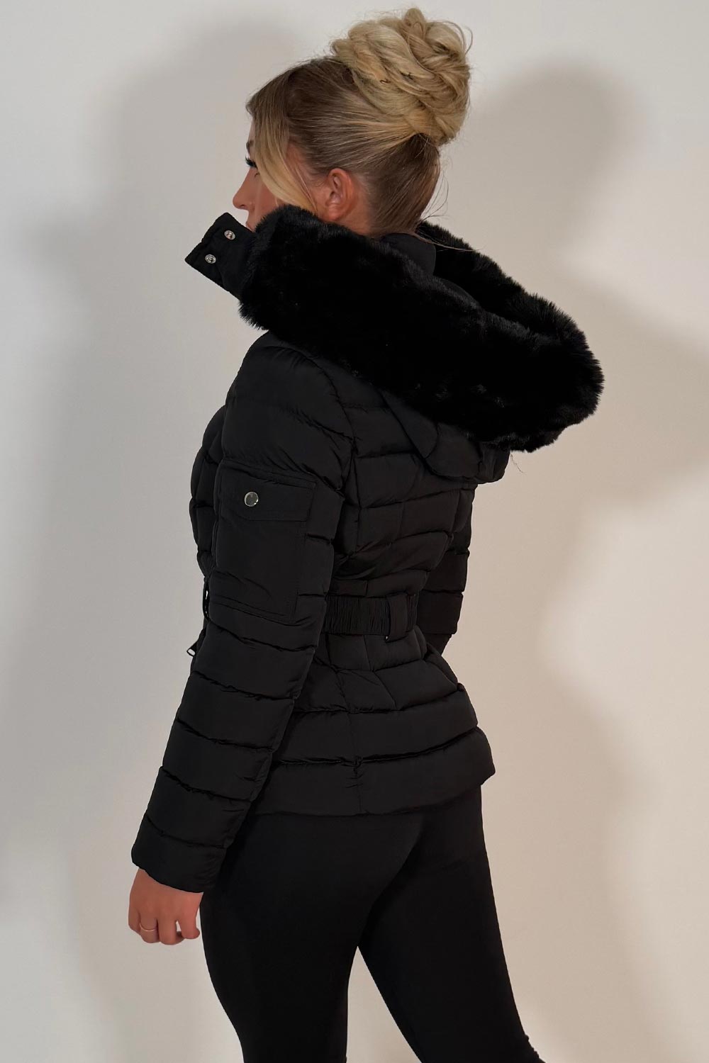 womens faux fur hooded puffer jacket with belt for winter styledup uk