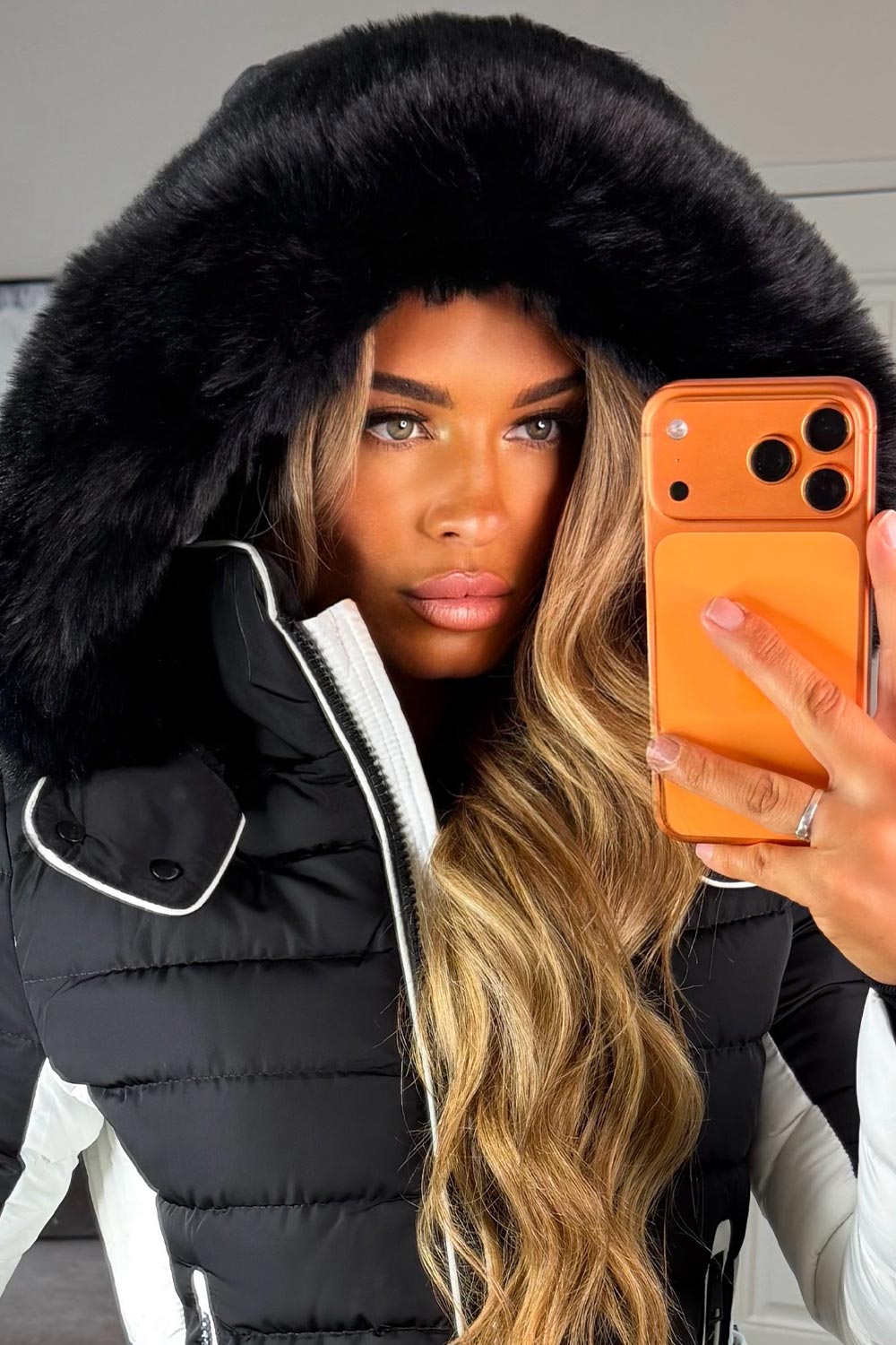 womens black faux fur hood puffer padded jacket for winter styledup uk