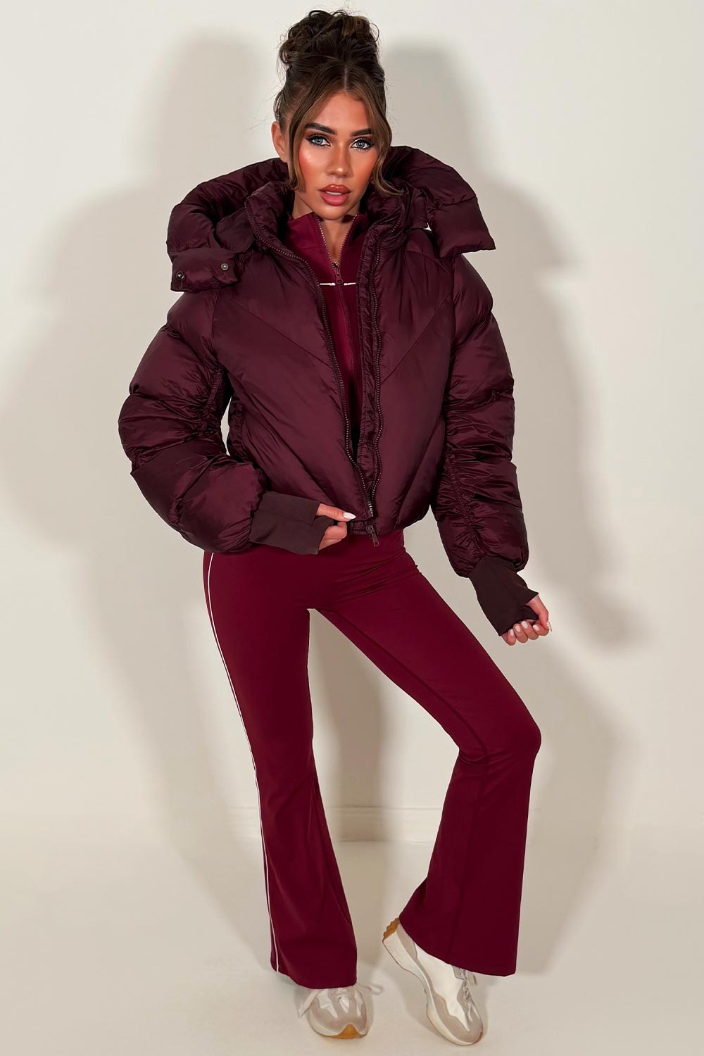 womens puffer padded puffer crop jacket with hood burgundy styledup outerwear