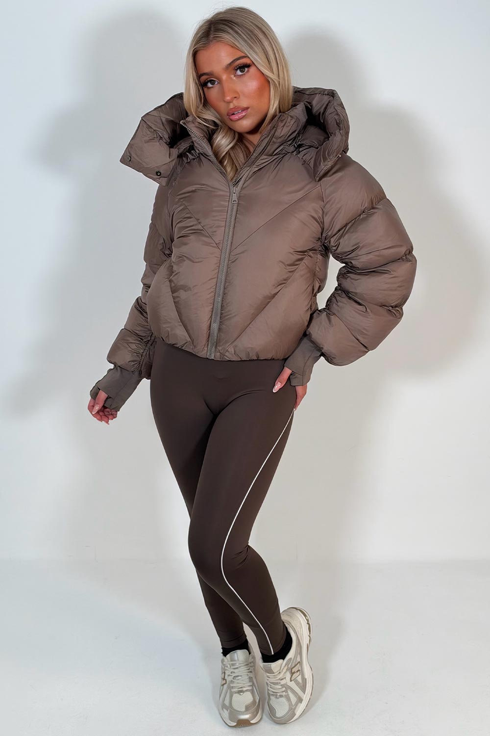 womens puffer padded quilted crop jacket taupe styledup
