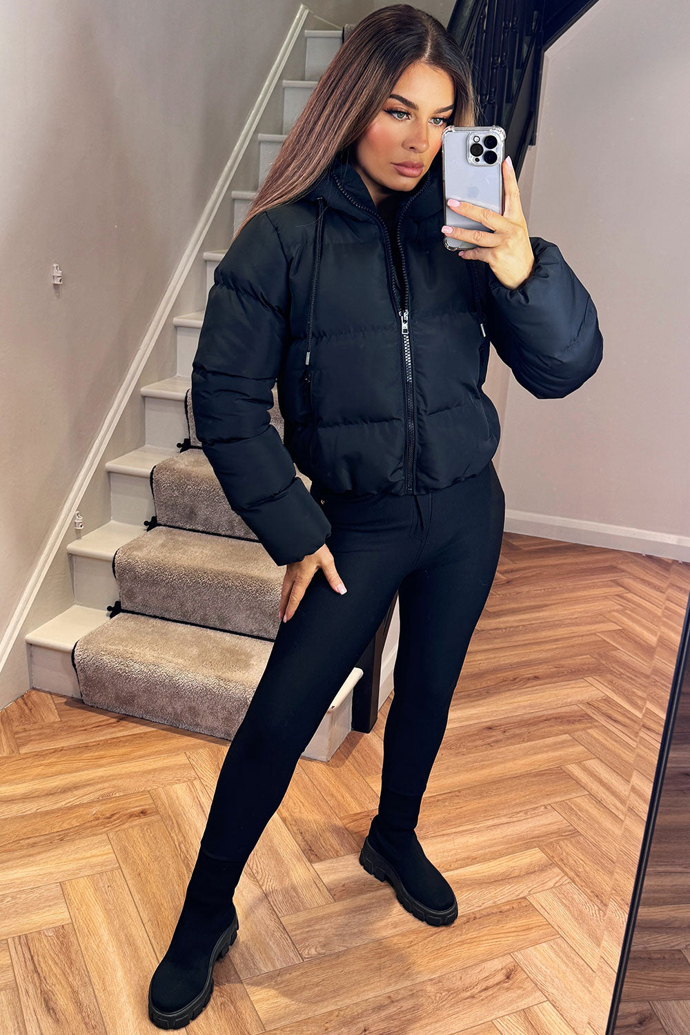 zara womens black padded puffer hooded jacket uk