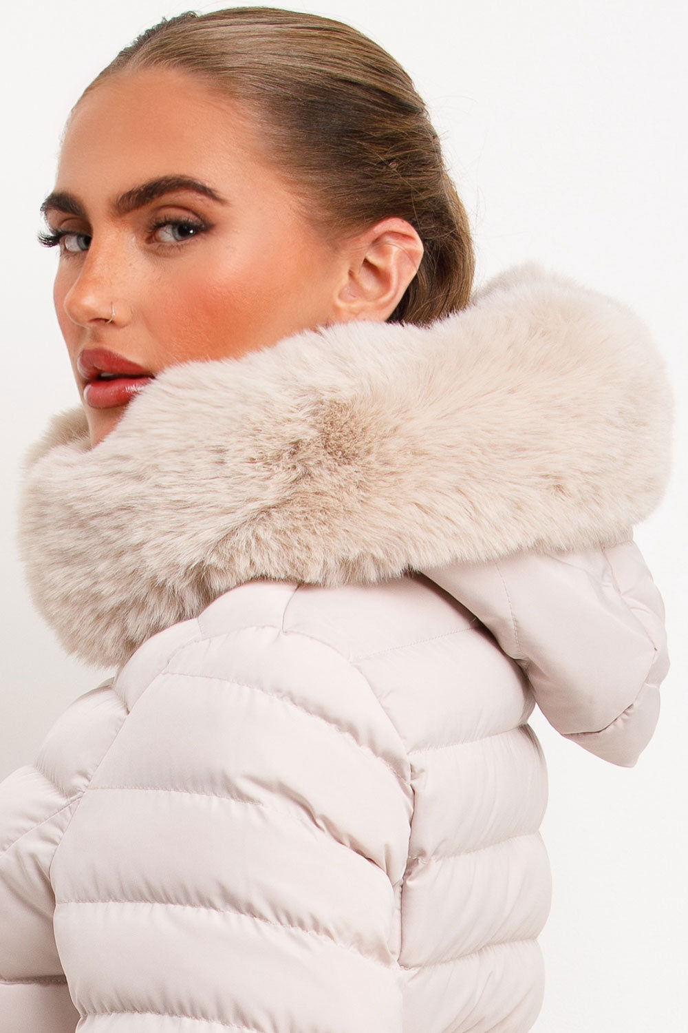 faux fur hood puffer padded jacket with belt womens