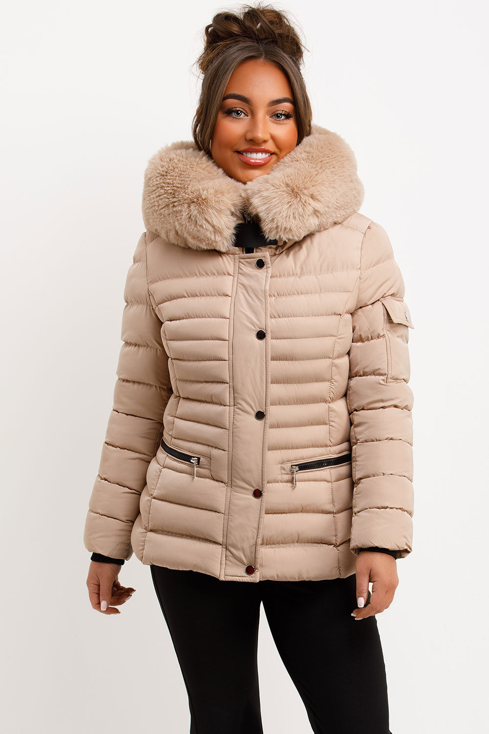 padded puffer jacket with faux fur hood styledup