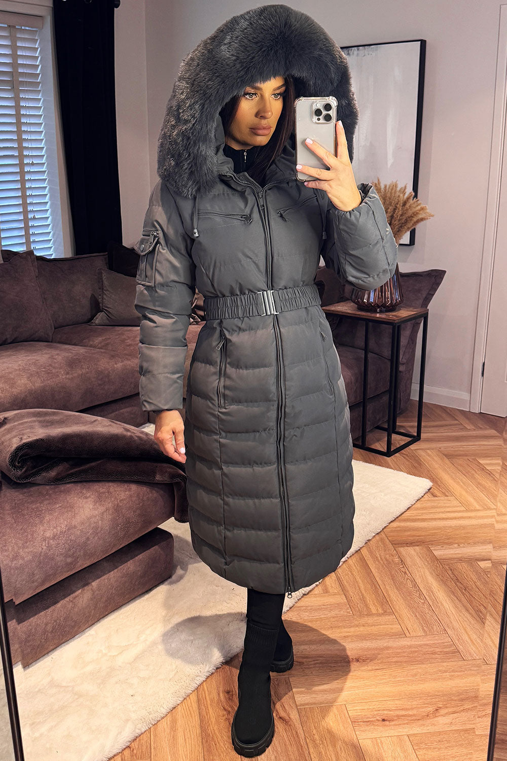 womens faux fur hood puffer padded coat