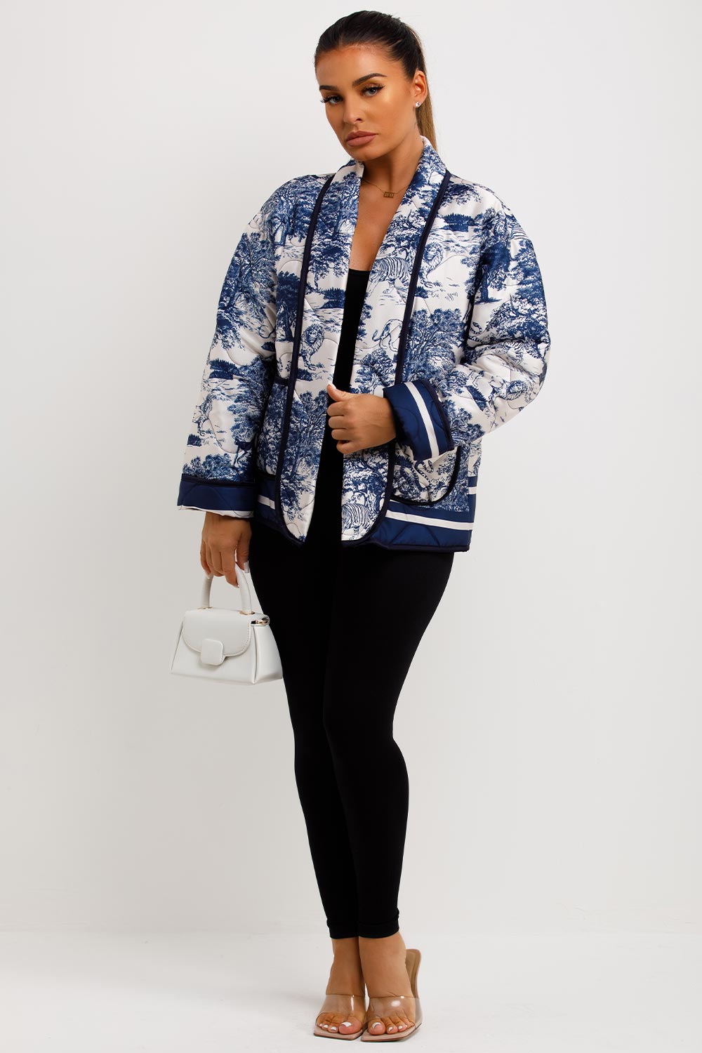 womens quilted satin blazer jacket fleur toile jungle print