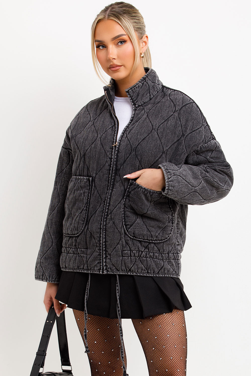 zara womens cotton quilted padded jacket with front pockets styledup