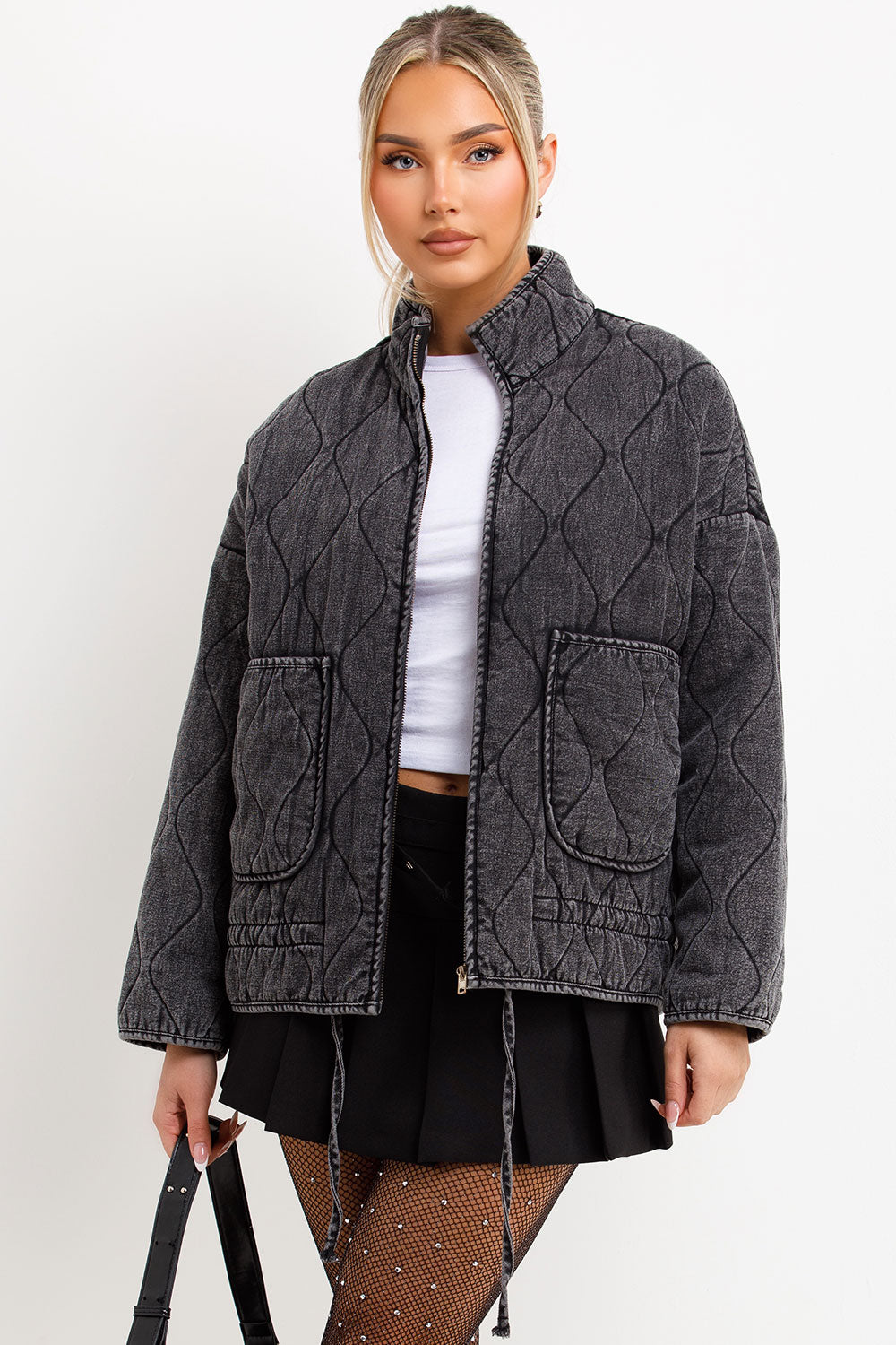 zara womens quilted padded jacket with drawstring hem styledup