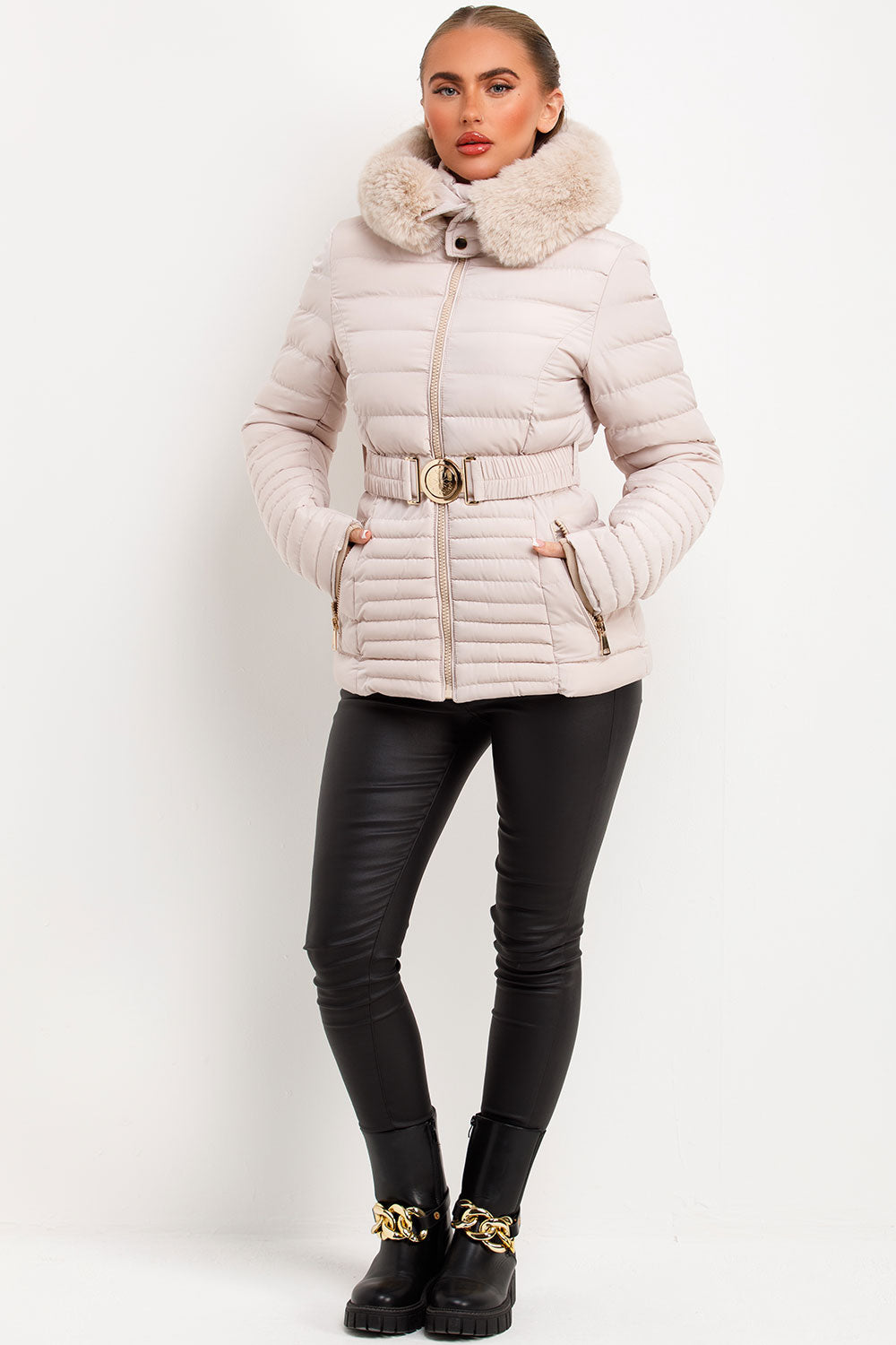 womens faux fur hood padded puffer jacket with belt sale uk