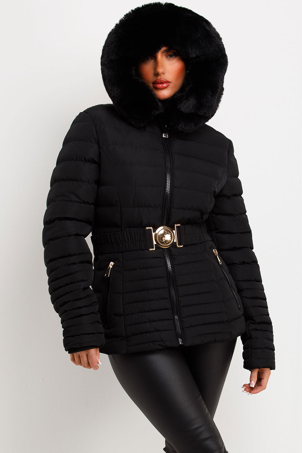 womens black puffer jacket with fur hood styledup