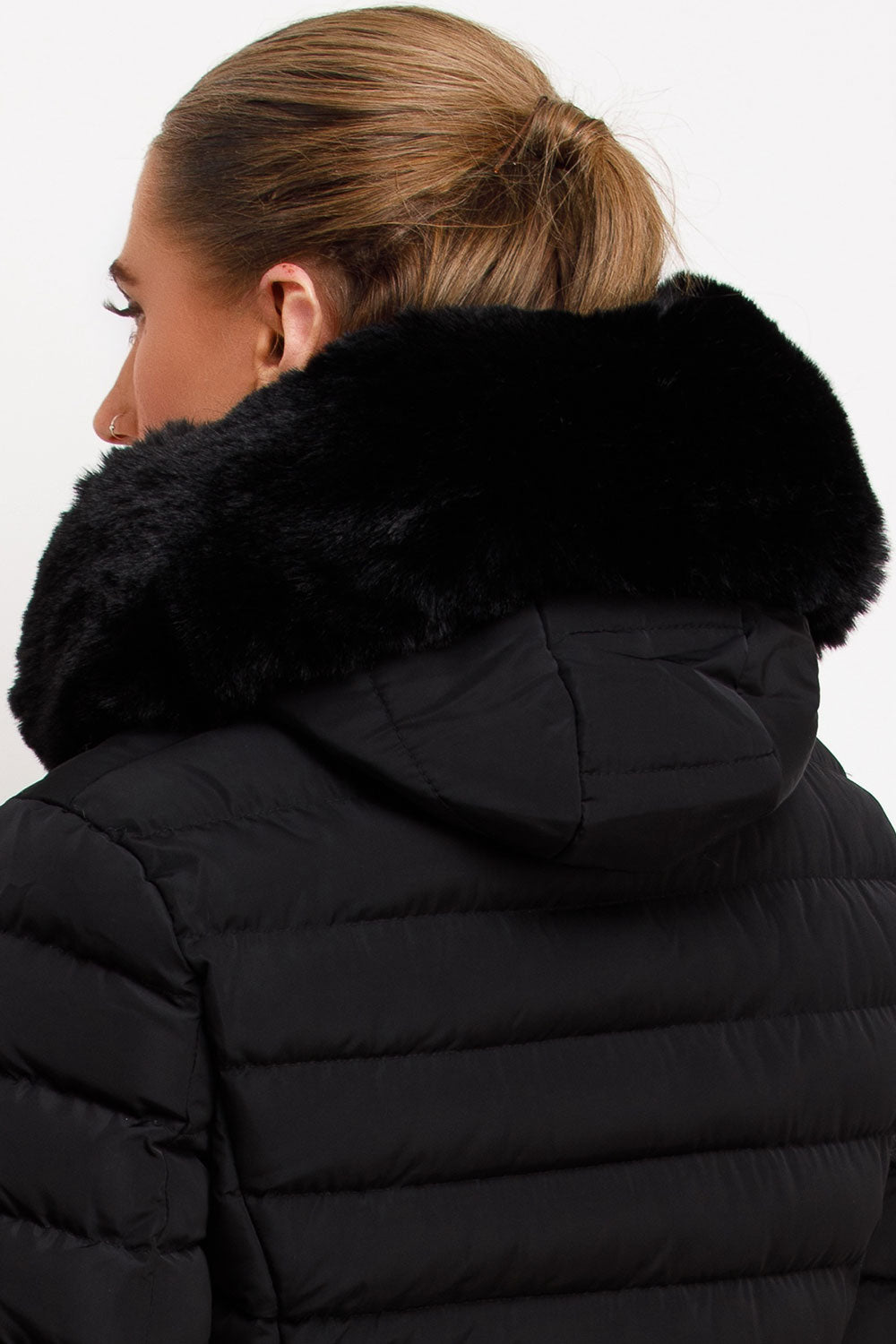 womens faux fur hood black puffer jacket with belt