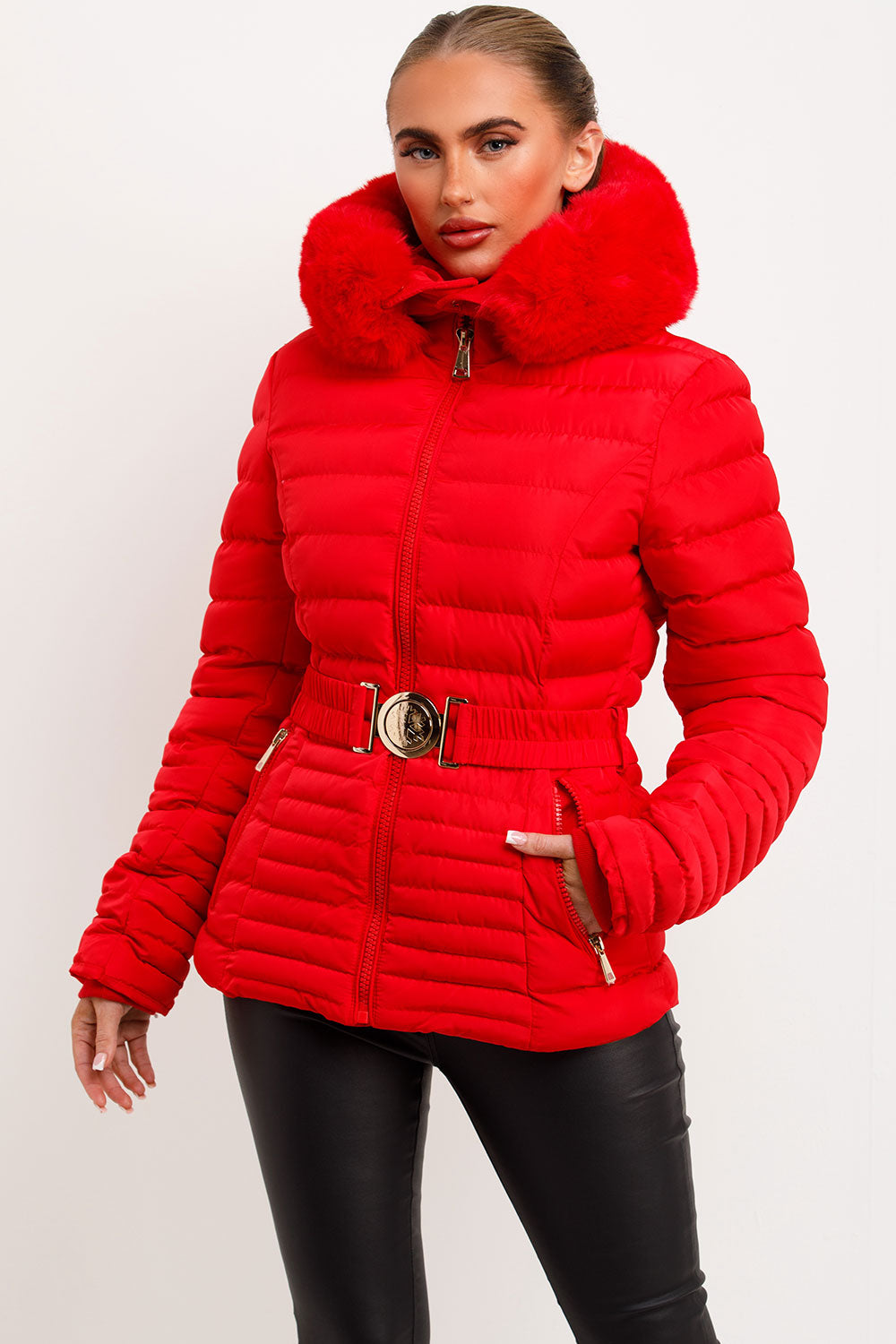 womens red puffer padded jacket with gold belt