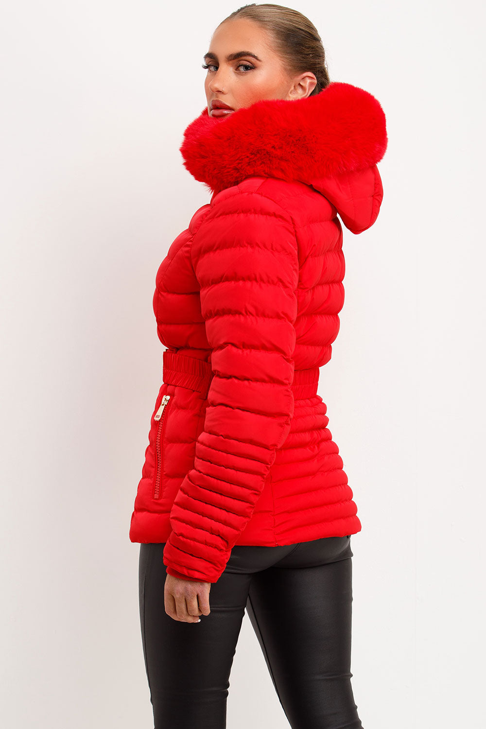 faux fur hood padded puffer coat with belt red