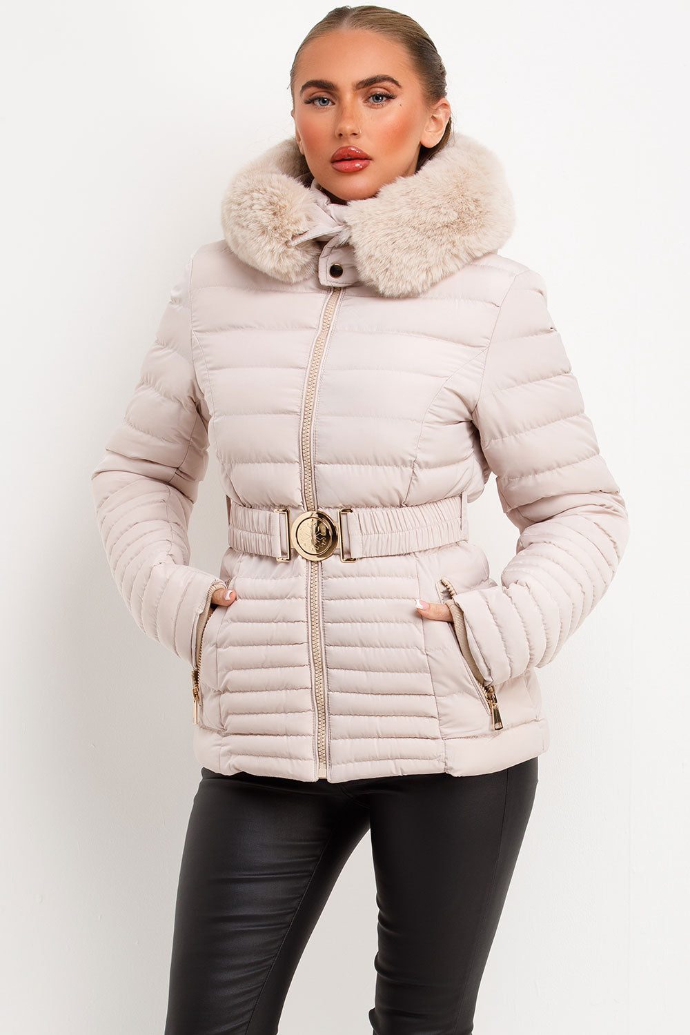 back to school puffer padded jacket with gold buckle belt womens
