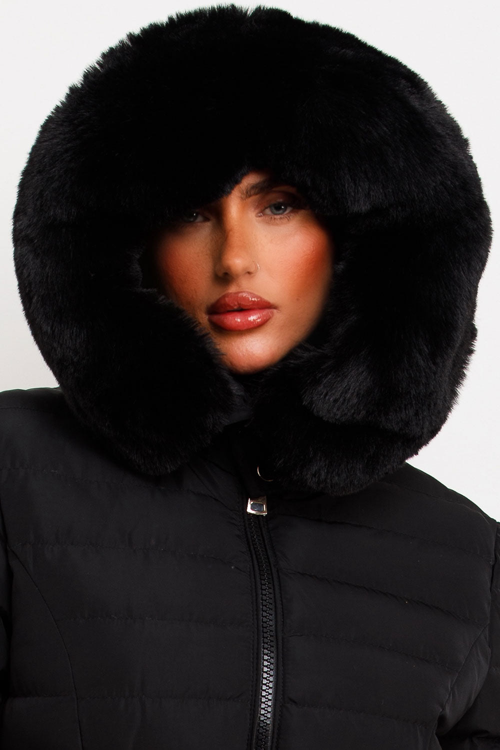 womens faux fur hood black puffer jacket with belt