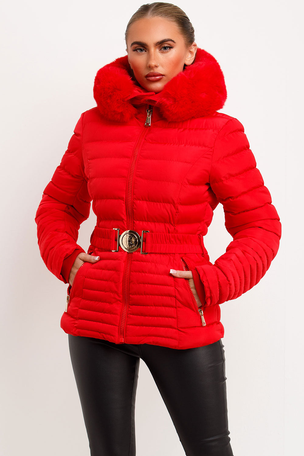 womens faux fur hood padded puffer jacket with gold buckle belt red to school