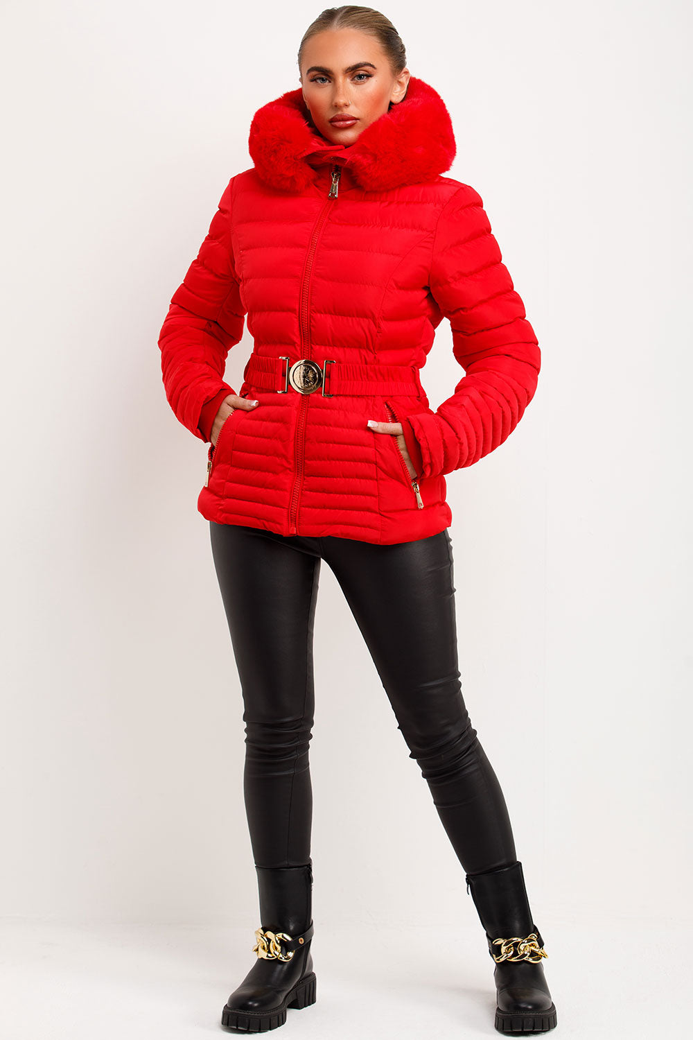 womens faux fur hood padded puffer jacket with belt sale uk