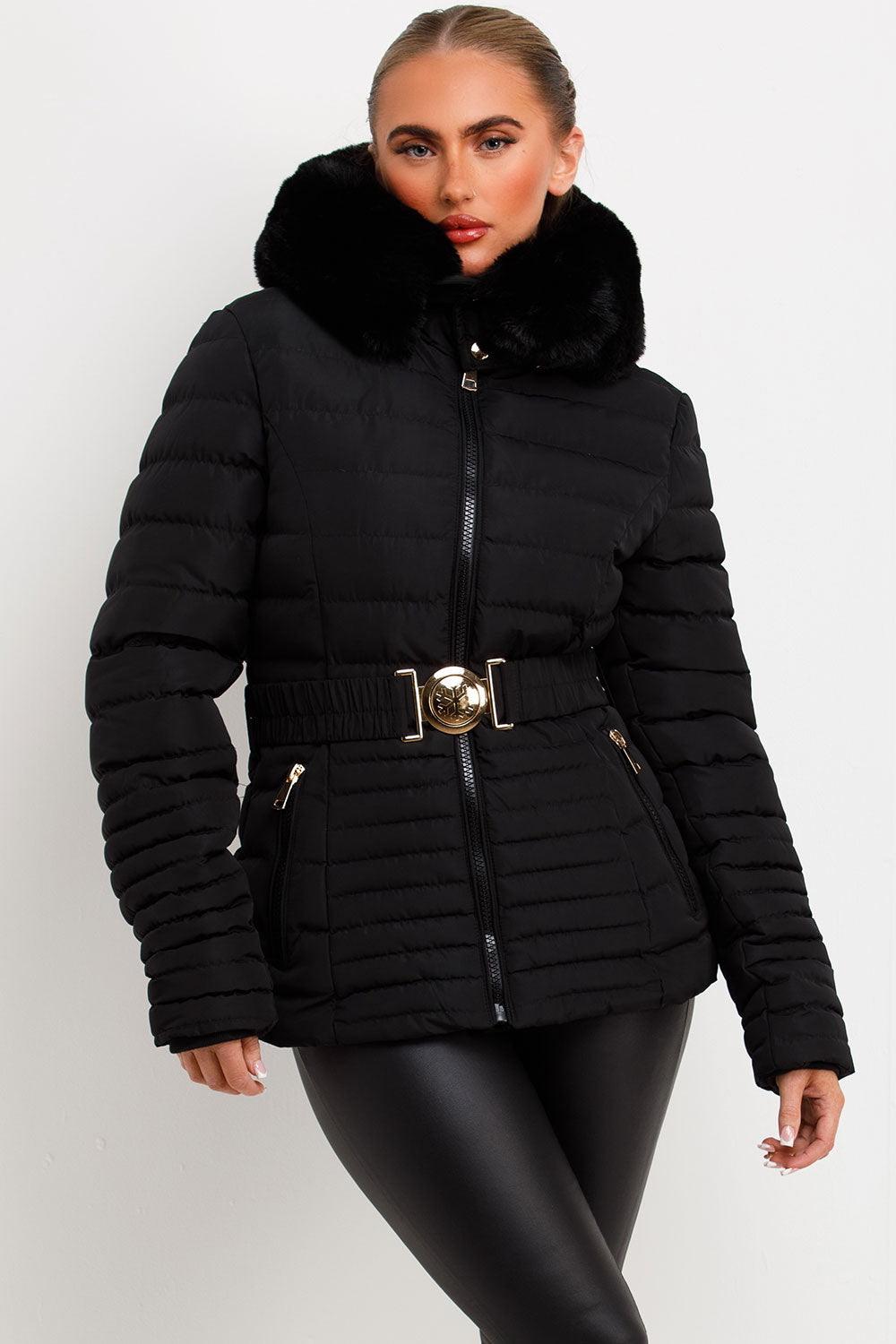 black puffer jacket with fur hood and belt womens outerwear styledup