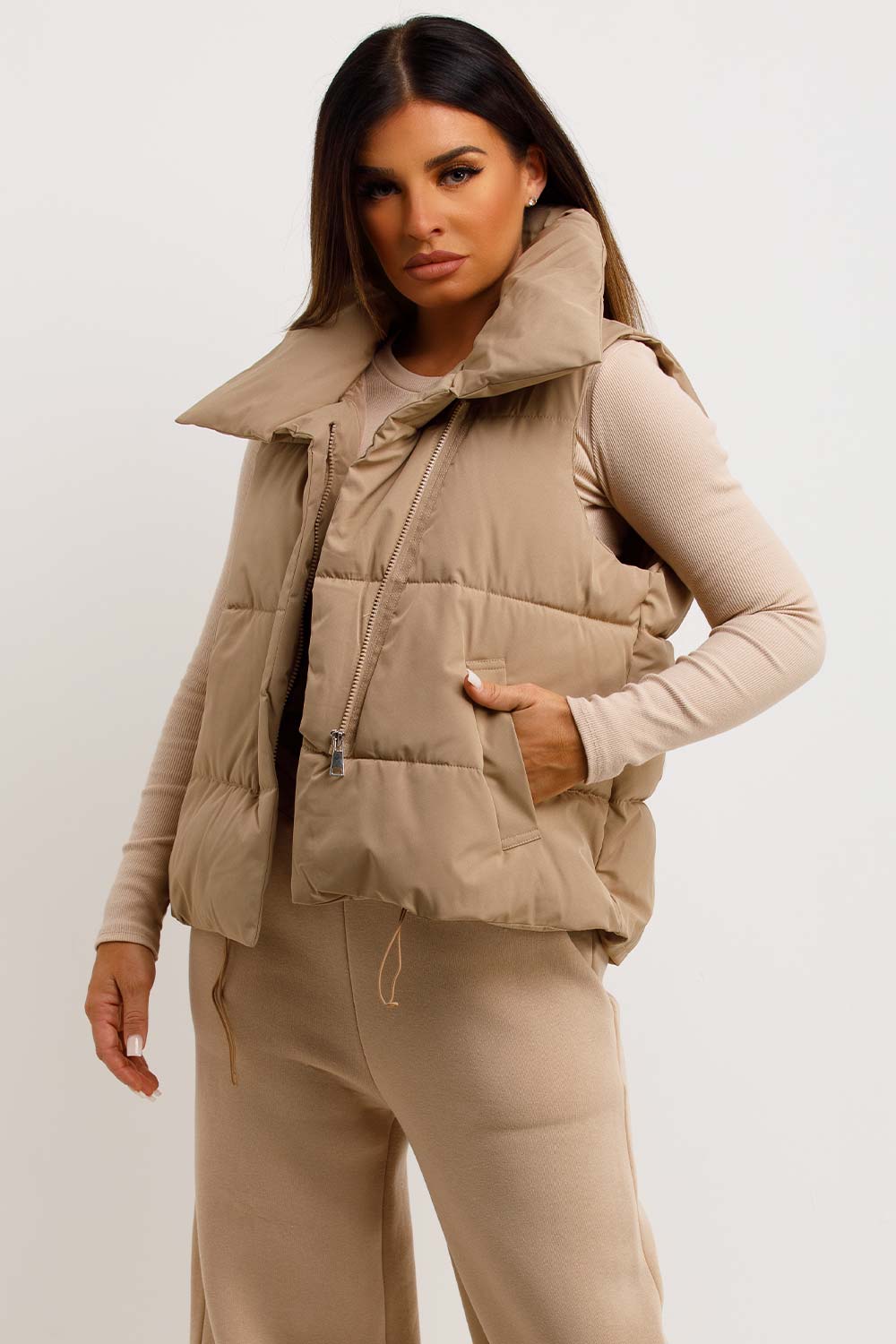 womens puffer padded duvet gilet beige